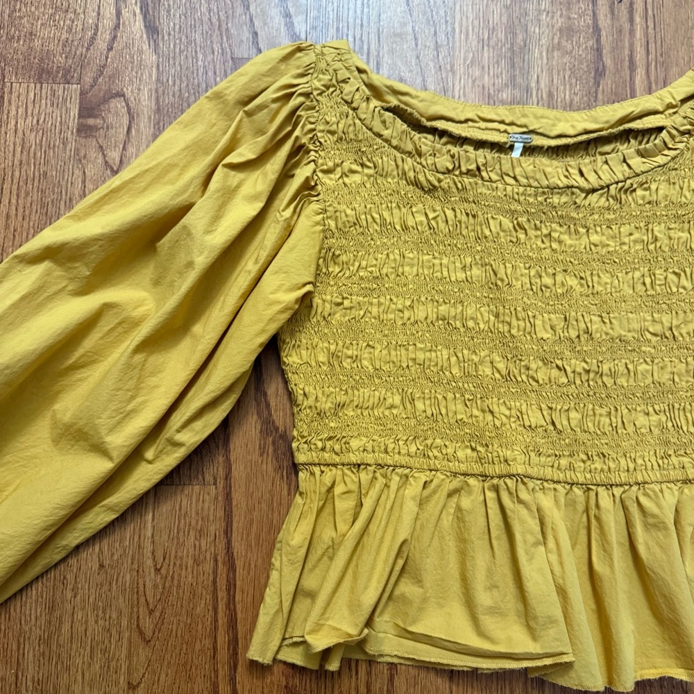 Free People Whoa Yellow Smocked Poplin Off The Shoulder Top size M - Picture 7 of 13
